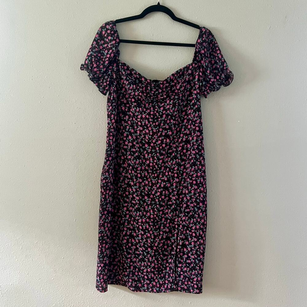 Floral Puff Sleeve Dress XL Black Pink‎ Sweetheart Neck Feminine Romantic Y2K